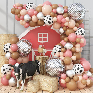 Cow Print Balloon Arch Kit, Dusty Pink And Brown Nude Balloon Garland Farm Cowgirl Western Balloons With Disco Ball Balloons For