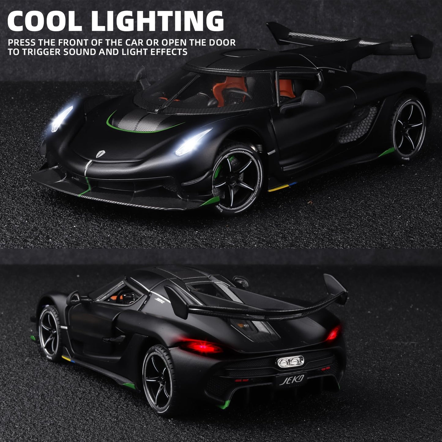 OANMYJJO 1/24 Jesko Metal Die Cast Toy Car, Pull Back with Light & Sound, Black, 8.15 x 3.66 x 2.24 inches
