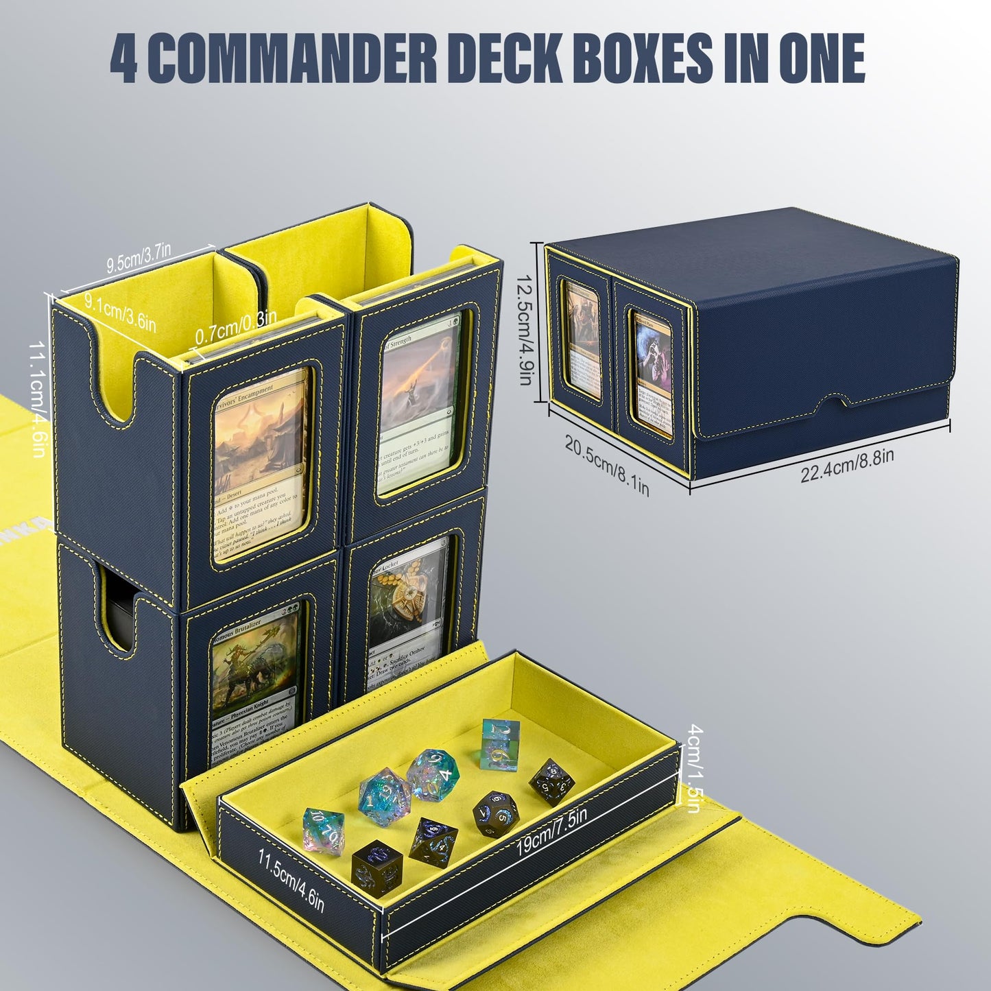 MTG Deck Box with Commander Display -protected designed Design  5 in 1 Trading Card Storage Box Fit 400 Double-sleeved Cards  Card Deck Case for TCG/Sports Cards with 4 Magnetic Card Holders(Blue Yellow)
