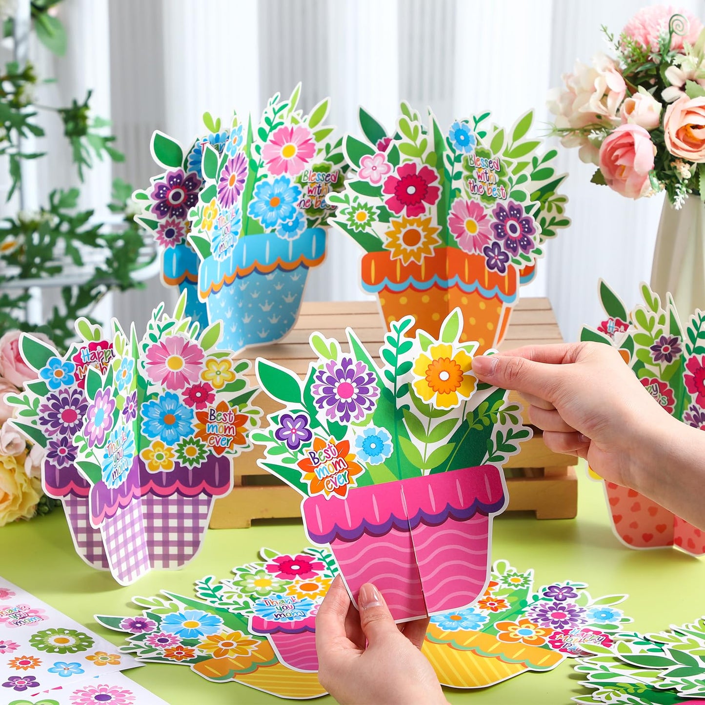 Fullhawl 24 Sets Mothers Day DIY Craft Kits Make Your Own 3D Flower Pot Best Mom Flowers Stickers for Happy Mothers Day Birthd
