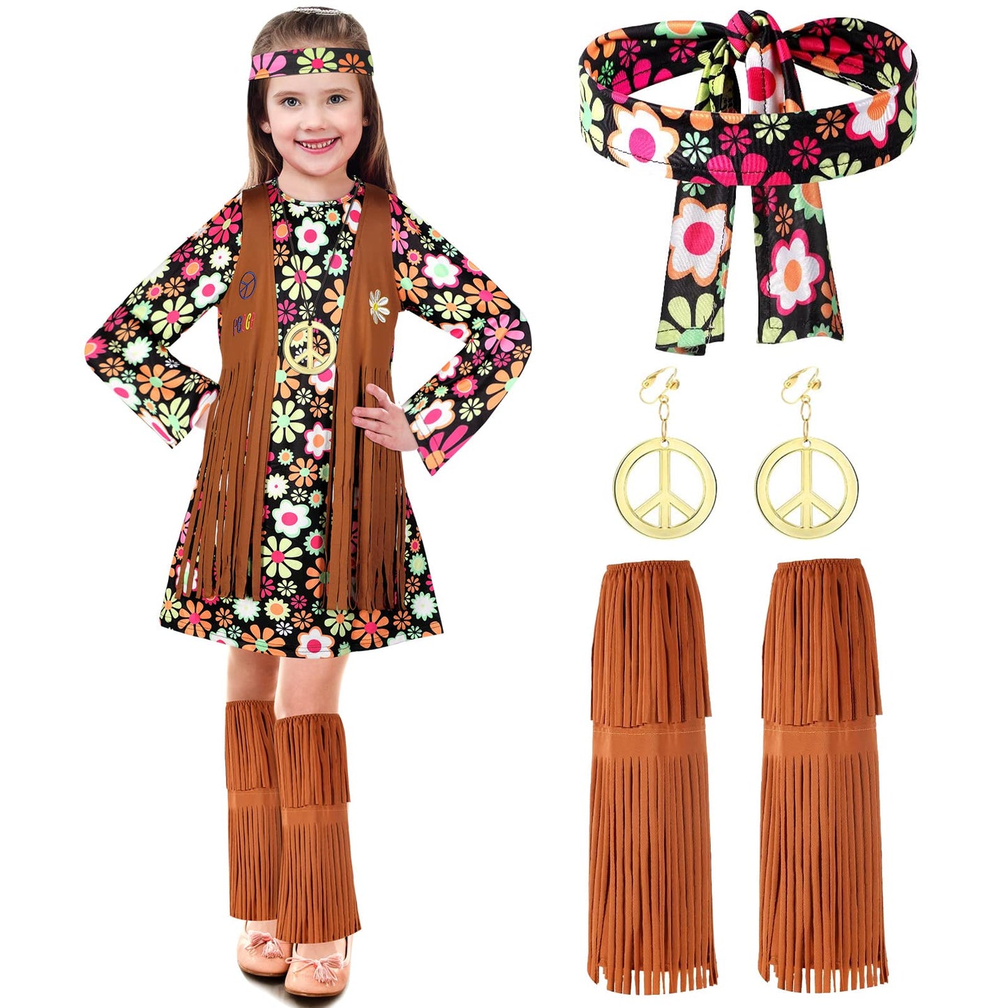 Kids Hippie Costume Set For Girls 60S 70S Hippie Dress Peace Sign Hippie Party Accessories For Halloween Cosplay Party(L)