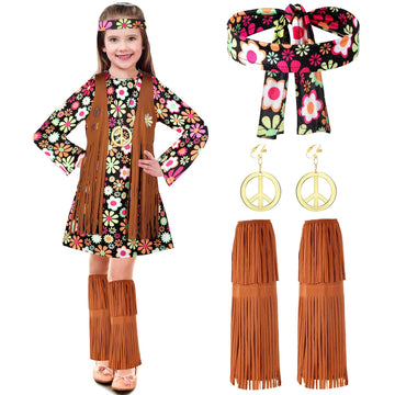 Kids Hippie Costume Set For Girls 60S 70S Hippie Dress Peace Sign Hippie Party Accessories For Halloween Cosplay Party(L)