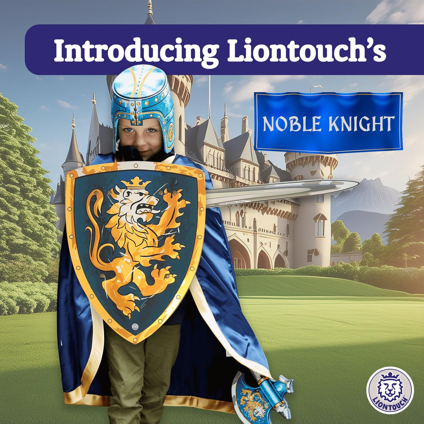 Liontouch - Noble Knight Toy decorative replica blade  Shield & Axe  Blue | Medieval Pretend Play Set in Foam for Children with Golden Lion Theme | Safe  & Combat Accessories for Dress Up & Costumes for Boys