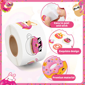 Beyumi Pink Donut Sticker Roll - 1000Pcs Donut Stickers In 2 Rolls Waterproof Vinyl Sweets Themed Cute Snack Dessert Decals For Gift Laptop Bottle Scrapbooking Luggage Computer Envelope Decor For Kids