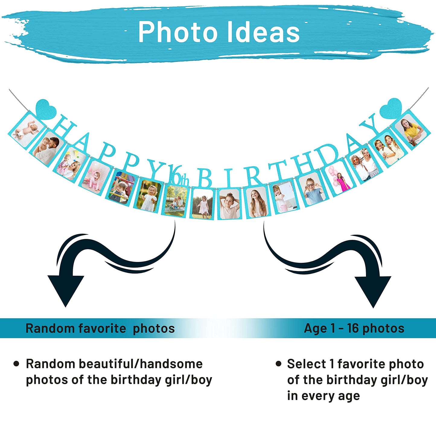 Sweet 16 Birthday Decorations Photo Banner In Blue Pre-Assembled - Sweet 16 Banner With Sixteen Photo Card Frames Party Supplies