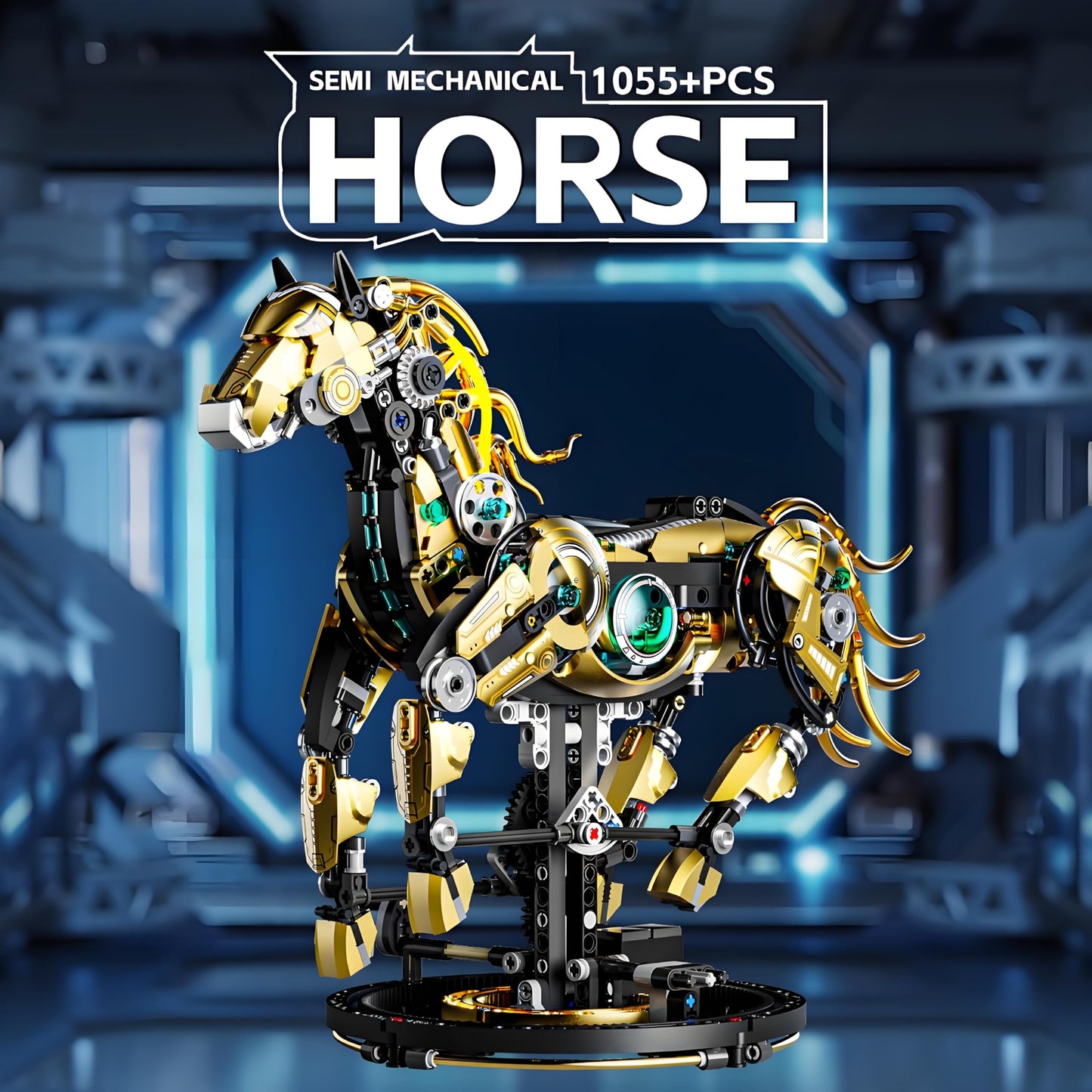CSNRHG Mechanical Horse Building Block Set - Large DIY Model Kit for Kids, Movable Legs, Gold, Model 13088