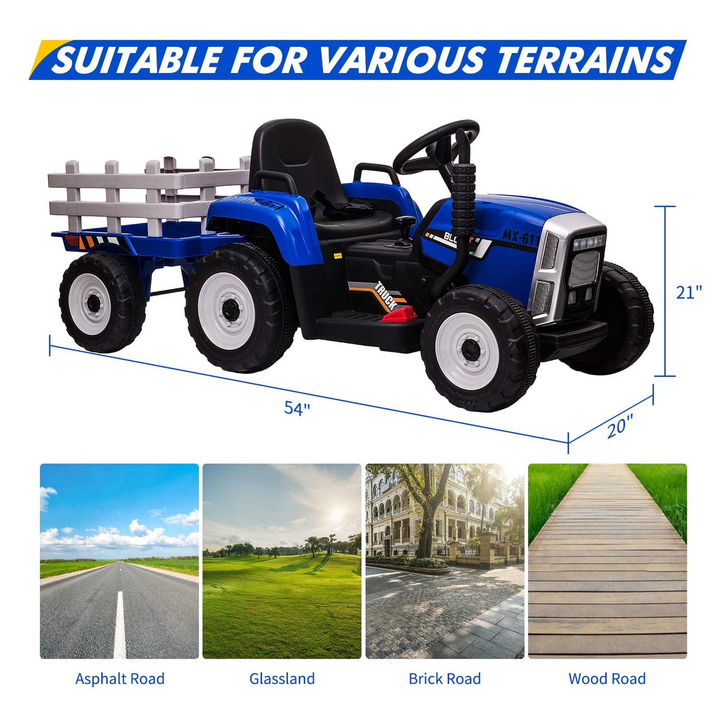 12V Kids Ride On Tractor With Trailer & Remote Control, Toddler Battery Powered Electric Car Slow Start 7Led Headlights Usb Music Player 2+1 Gear Shift, Blue, 35W/ Eva Tire