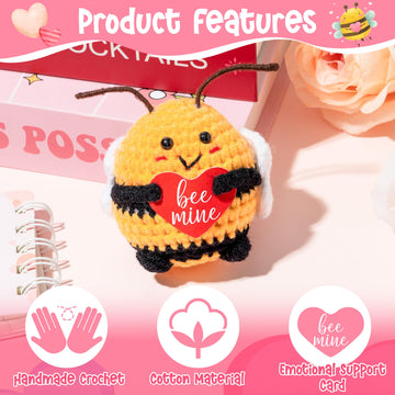Djianrang Valentine Bees Handmade Positive Crochet With Bee Mine Heart Shape Card, Mini Positive Knitted Crochets Cute Emotional