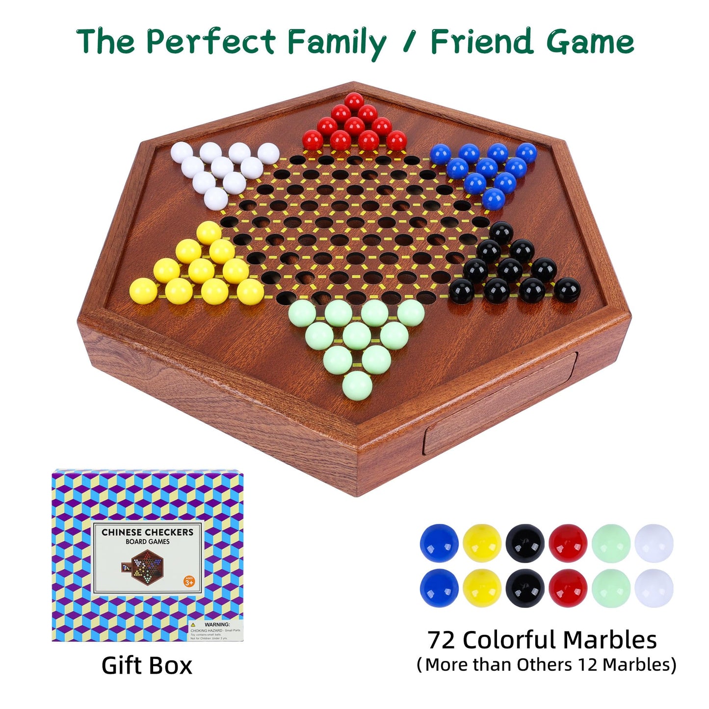Offelec Wooden Chinese Checkers Set, 13" Game Board with Storage Drawer, 60+12 Glass Marbles in 6 Colors, Family Fun Game