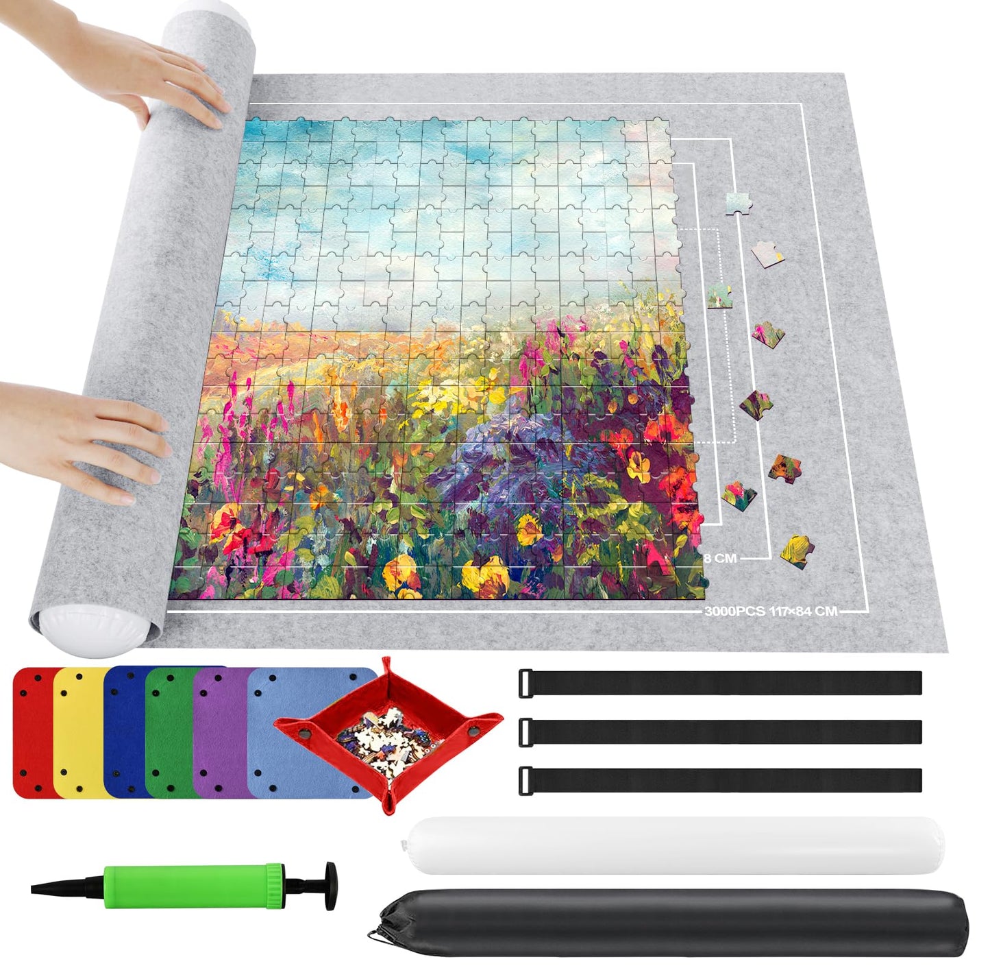 Ainiv Jigsaw Puzzle Mat Roll Up 3000 Pieces  55 x 39 Portable Felt Puzzles Board with 6 Sorting Trays & Travel Storage Bag  Jigsaw Saver Pad Keeper for mature-themeds Teens  Gray