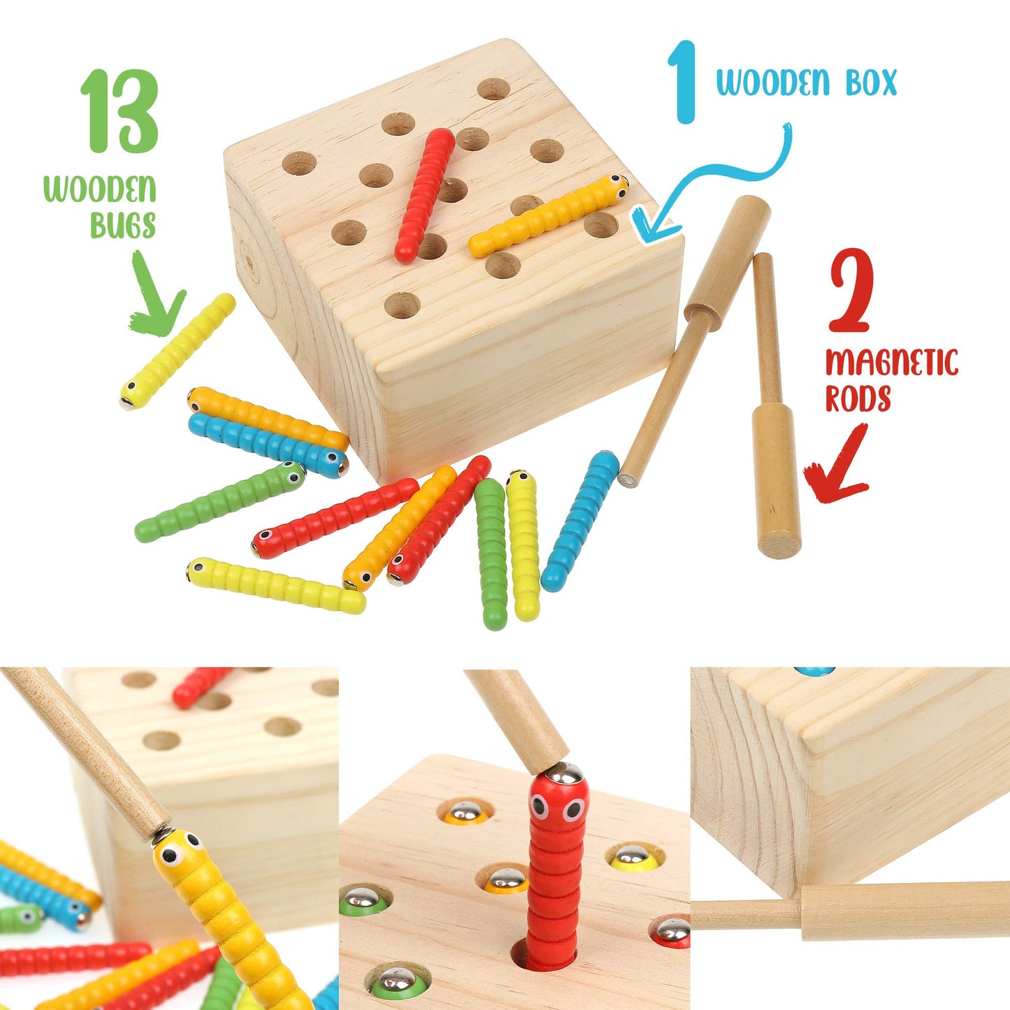 Boxiki Kids Wooden Montessori Toys For Babies, Toddlers & Kids, Fine Motor Skills, Magnetic Worm Game For 3 Years Old