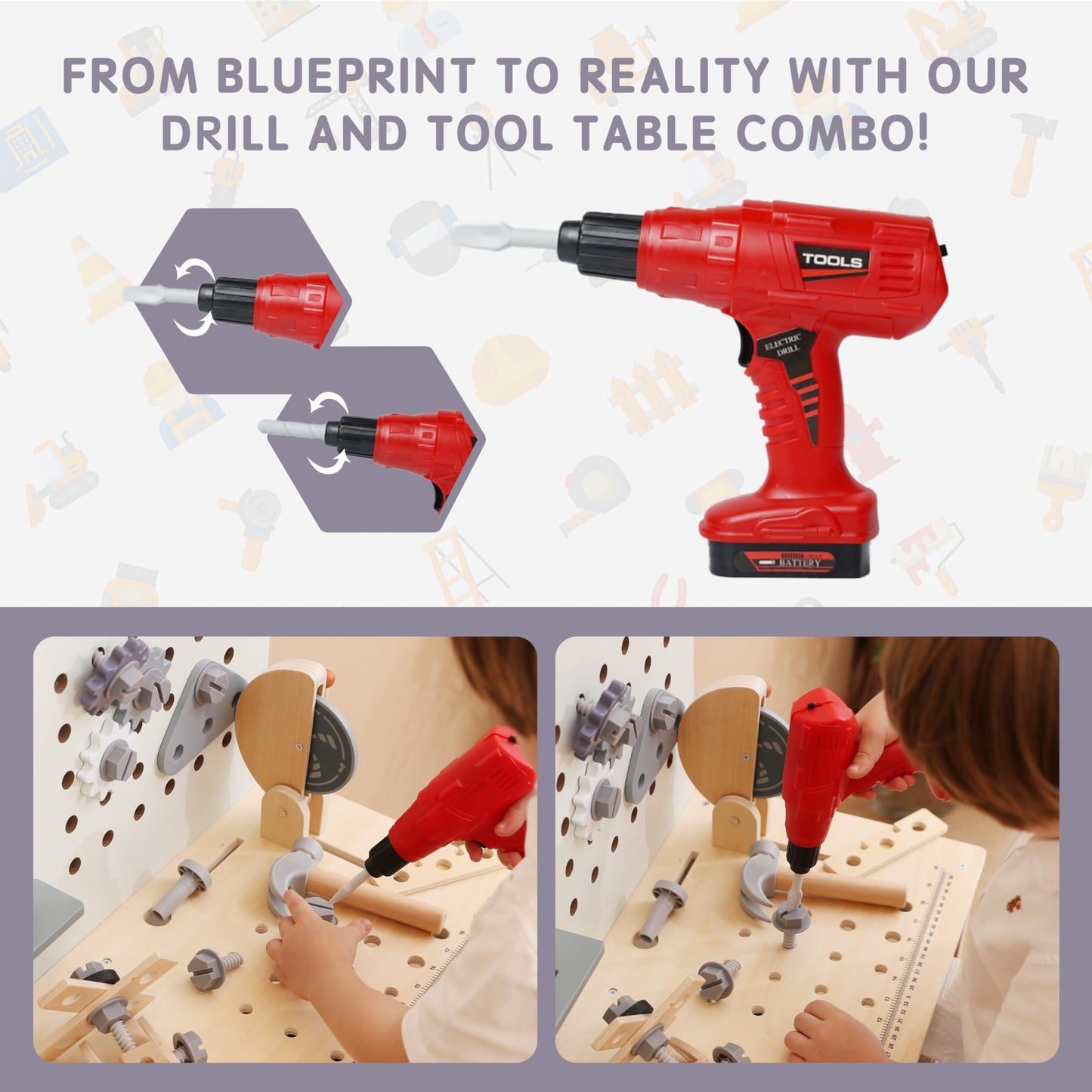 Wooden Kids Tool Bench with Electric Drill, Toddler Tool Bench with Storage Drawers and Platform, Toy Workbench Workshop with Pl