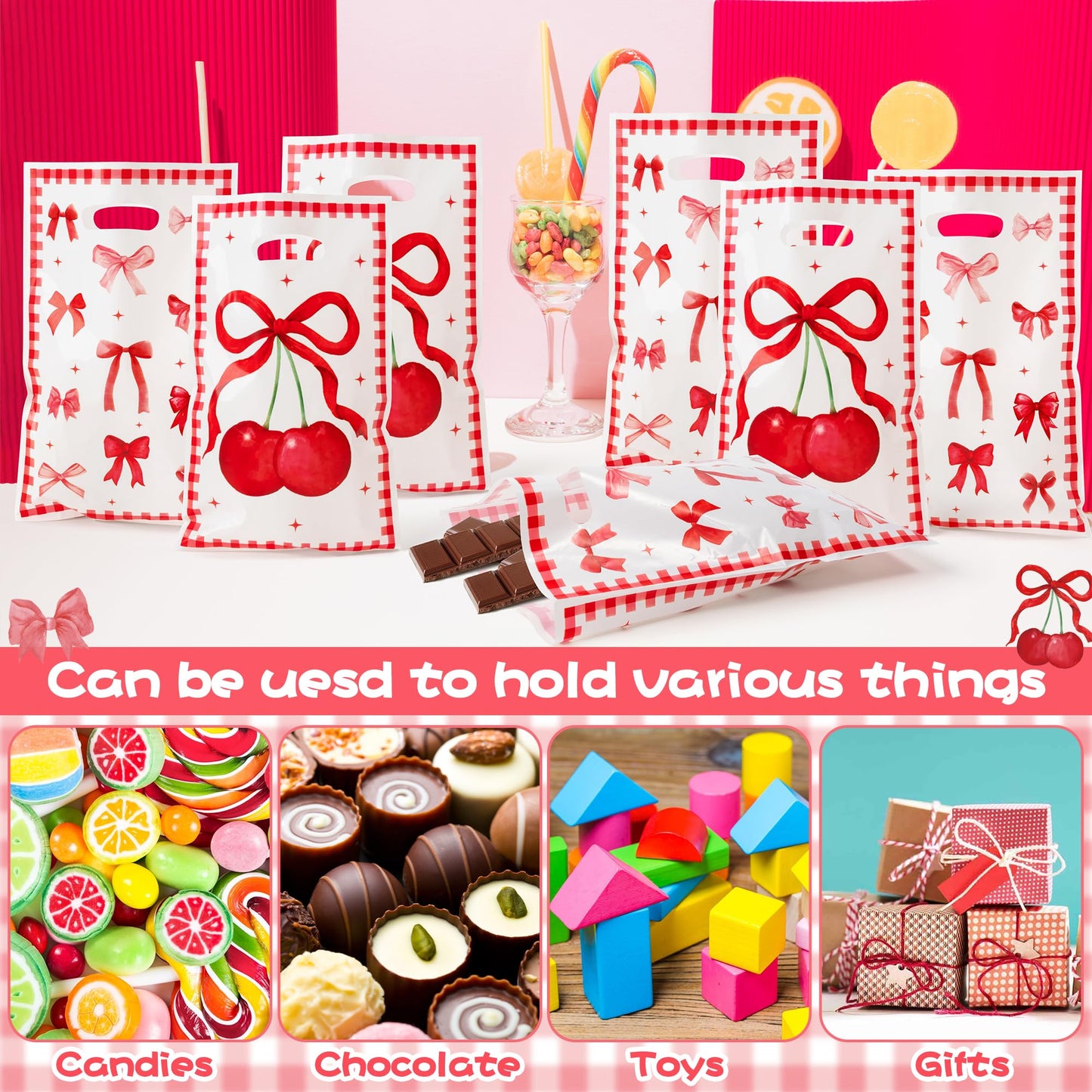 ArianQicult Bow Party Favor Bags - 50Pcs Red Cherry Goody Candy Treat Gifts Bags Coquette Bow Party Decorations for Birthday Wed