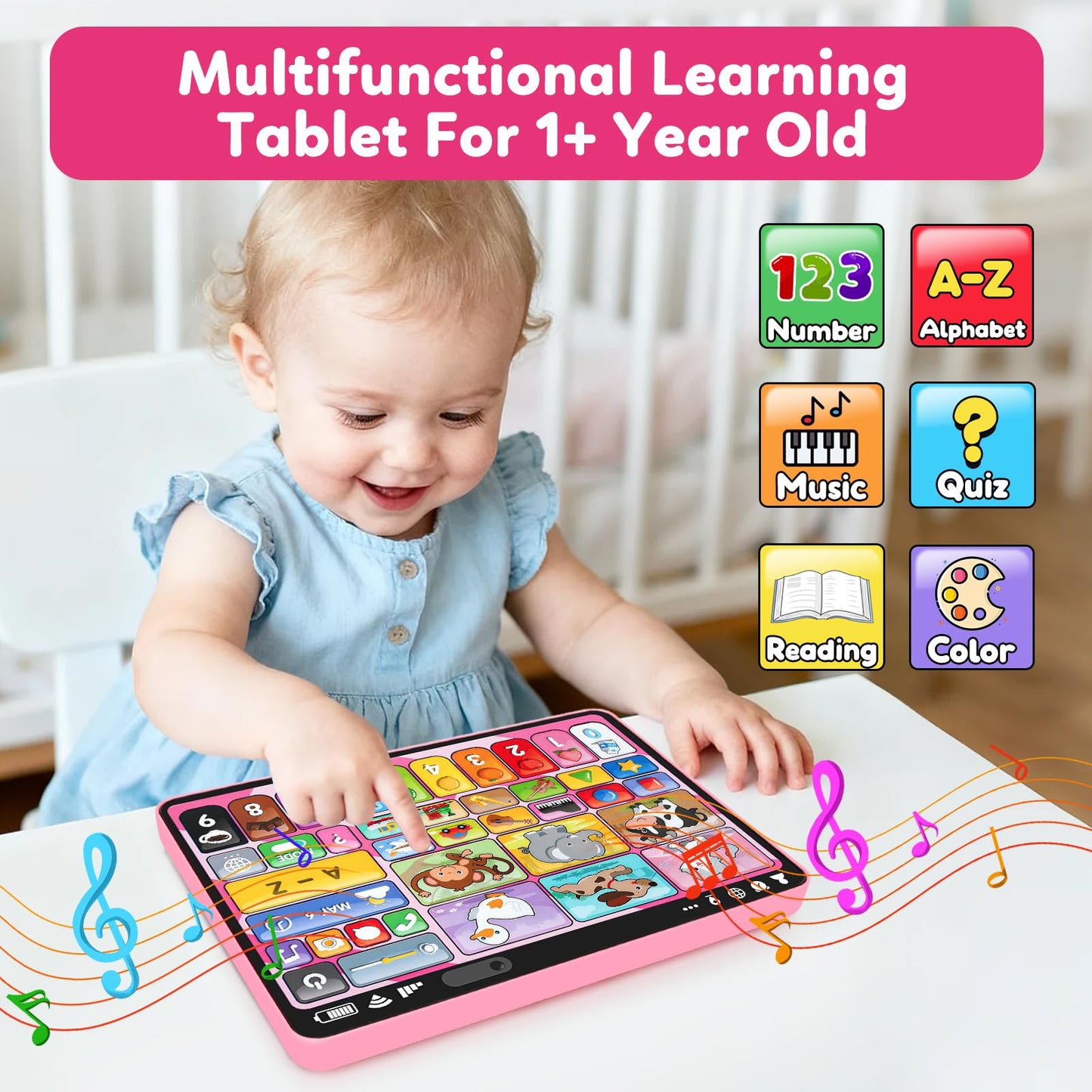 Peacurh Trilingual Learning Toy Tablet, Musical Plastic, Medium Size, Pink, Model 35847M, Montessori Speech Therapy Toy for Ages 1-3