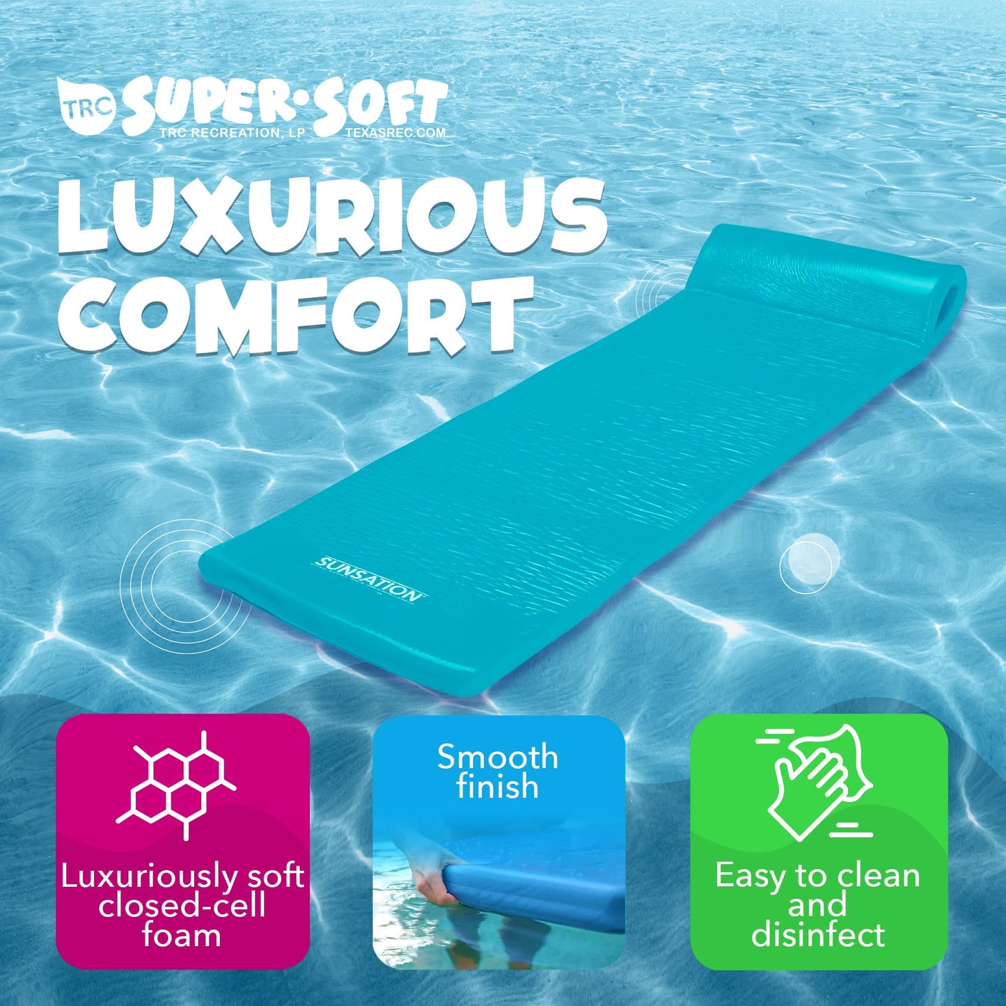 TRC Recreation Sunsation 1.75  Thick Vinyl Coated Foam Swimming Pool Float Mat mature-themed Lounger with Built-In Roll Pillow  Tropical Teal