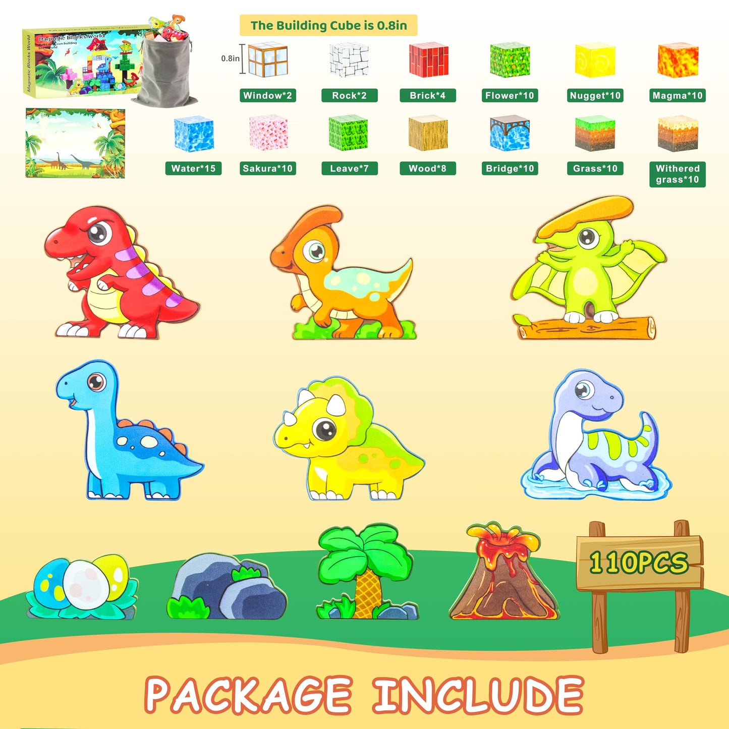 Magnetic Blocks - 110Pcs Dinosaur Toys Magnetic Cubes For Kids, Magnetic Building Blocks For Kids Ages 4-8 8-12, Magnet Blocks C