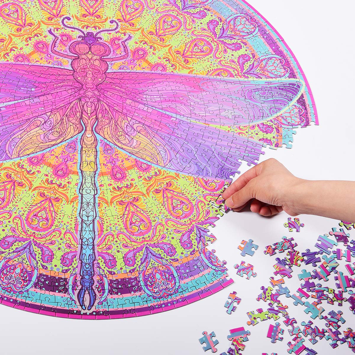 Bgraamiens Puzzle-Zentangle Dragonfly-1000 Pieces Vivid Dragonfly Round Mandala Puzzle Color Challenge Jigsaw Puzzles
