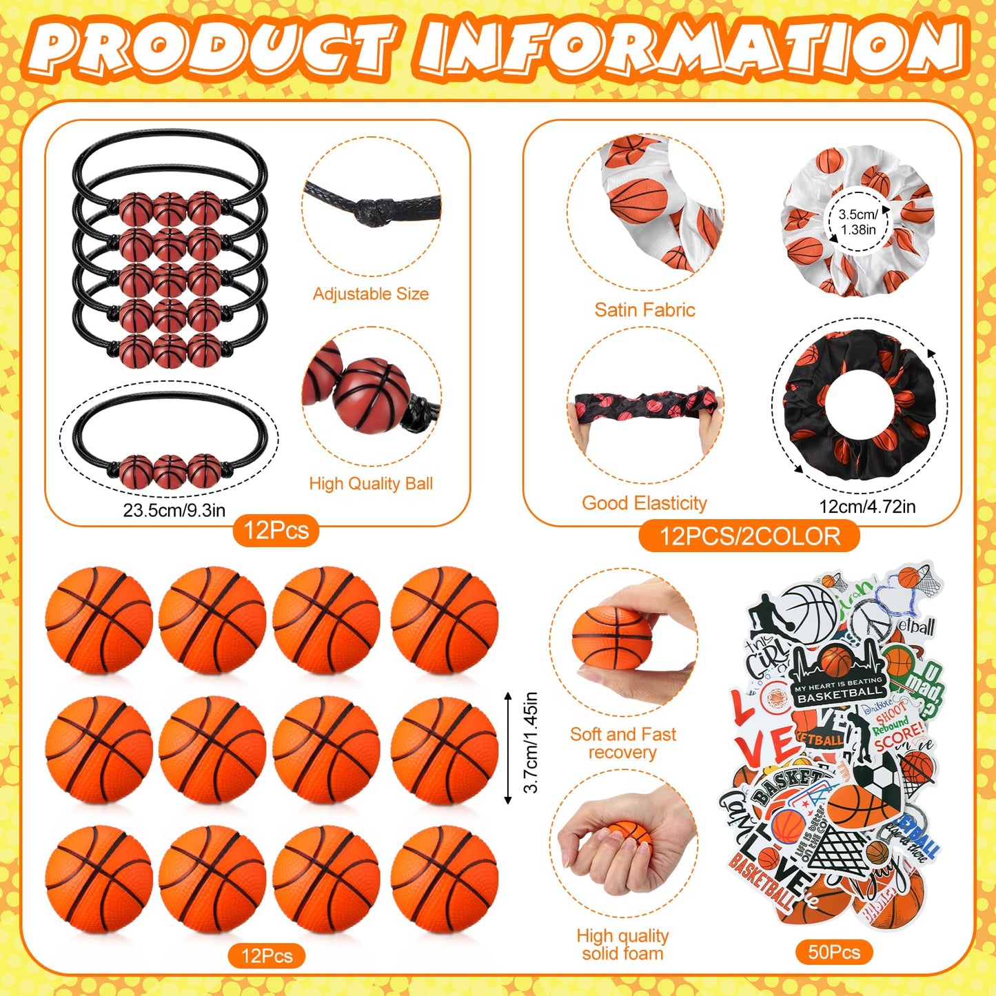 86 Pcs Basketball Party Favors, 50 Pcs Basketball Stickers, 12 Sports Stress Ball Mini Foam Ball, 12 Charm Bracelets 12 Scrunchi