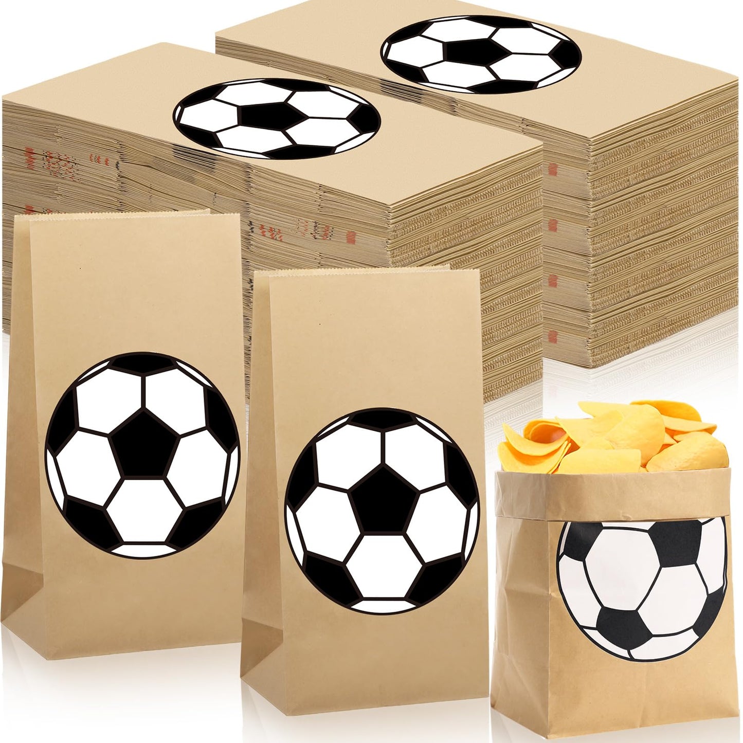 Watersay 100 Pcs Soccer Party Favor Bags 12 x 6 x 4 Soccer Kraft Paper Goodie Treat Candy Food Bags for Sports Themed Party Favo