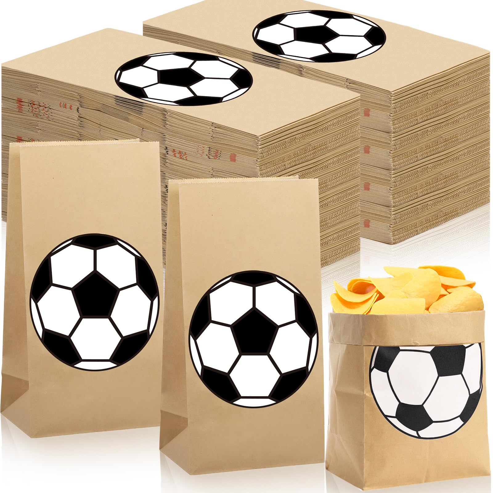 Watersay 100 Pcs Soccer Party Favor Bags 12 x 6 x 4 Soccer Kraft Paper Goodie Treat Candy Food Bags for Sports Themed Party Favo