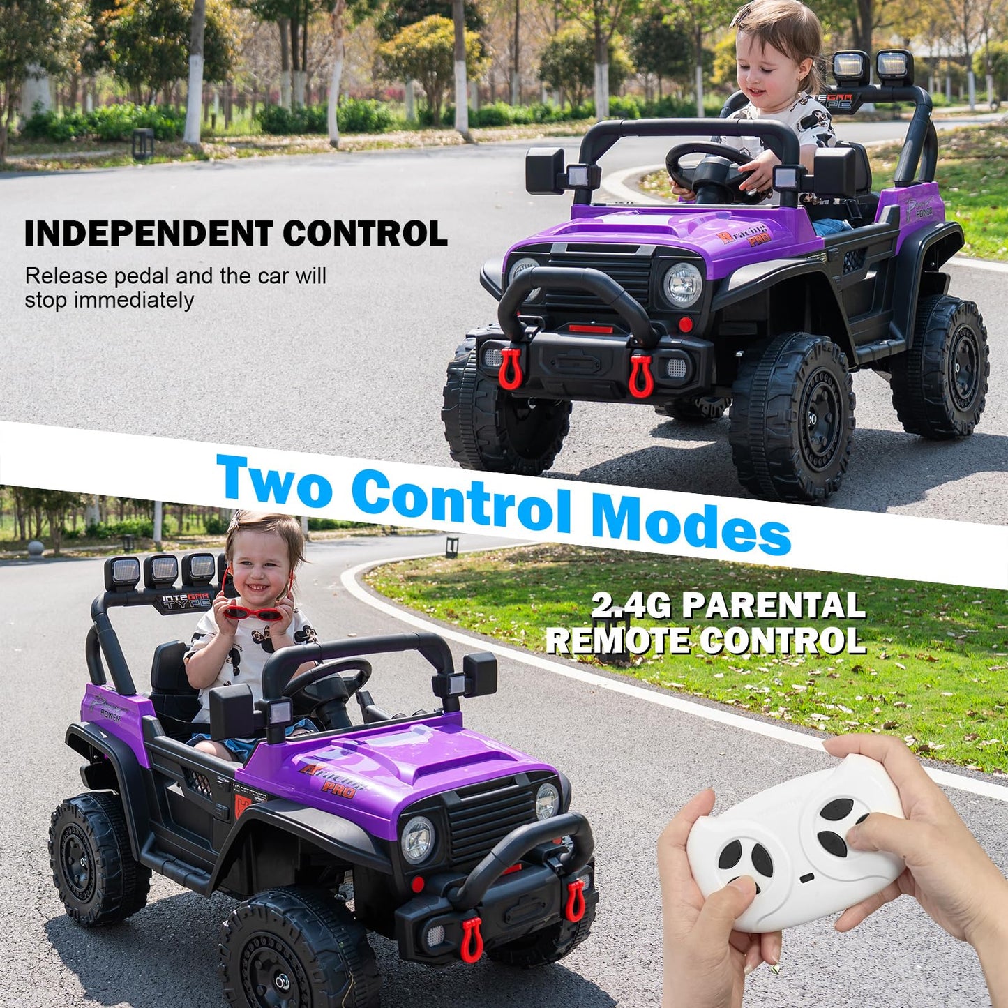 RunFast Kids Ride On Car 12V - Electric Toy with Remote Control, Safety Belt, Purple