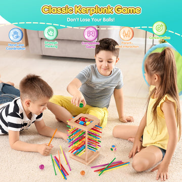Montessori Game Wooden Board Game, 48 Colorful Sticks Dice Game For 3 4 5 6 Year Old, Kerplunk Game For Kids Math Educational To