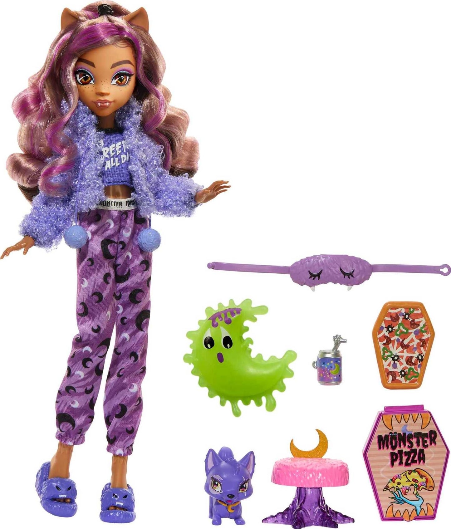 Monster High Creepover Party Doll - Clawdeen Wolf with Pet Dog Crescent, Sleepover Clothes, Accessories, Multicolor, Model HKY67