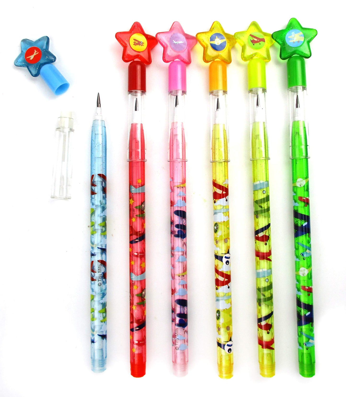 TINYMILLS 24 Pcs Airplane Multi Point Stackable Pencil with Eraser for Airplane Airshow Birthday Party Favor Prize Carnival Good