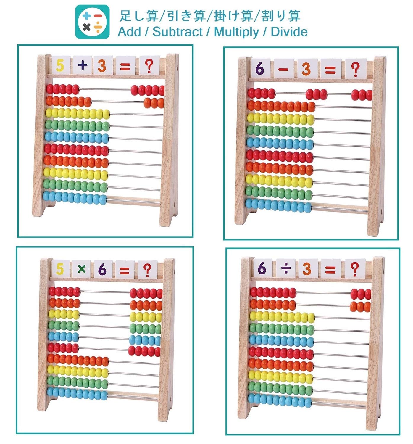 Educational Abacus for Kids Math - 10 Row Wooden Counting Frame with Number 1-100 Cards - Teach Counting  Addition and Subtraction  Preschool Learning Math Toys for Boys Girls Gift 3 4 5 Year Old