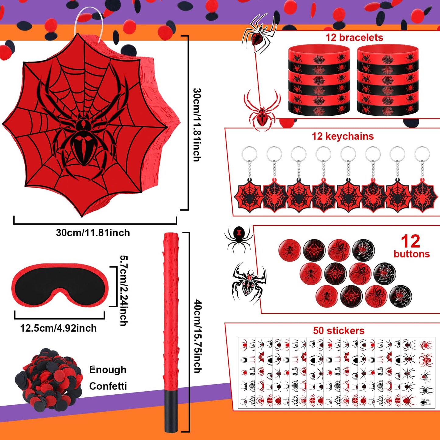 Leyndo 89 Pcs Spider Party Favors for Birthday, Includes Spider Piata with Blindfold and Stick, 11.8x11.8, 12 Keychains, 12 Wris