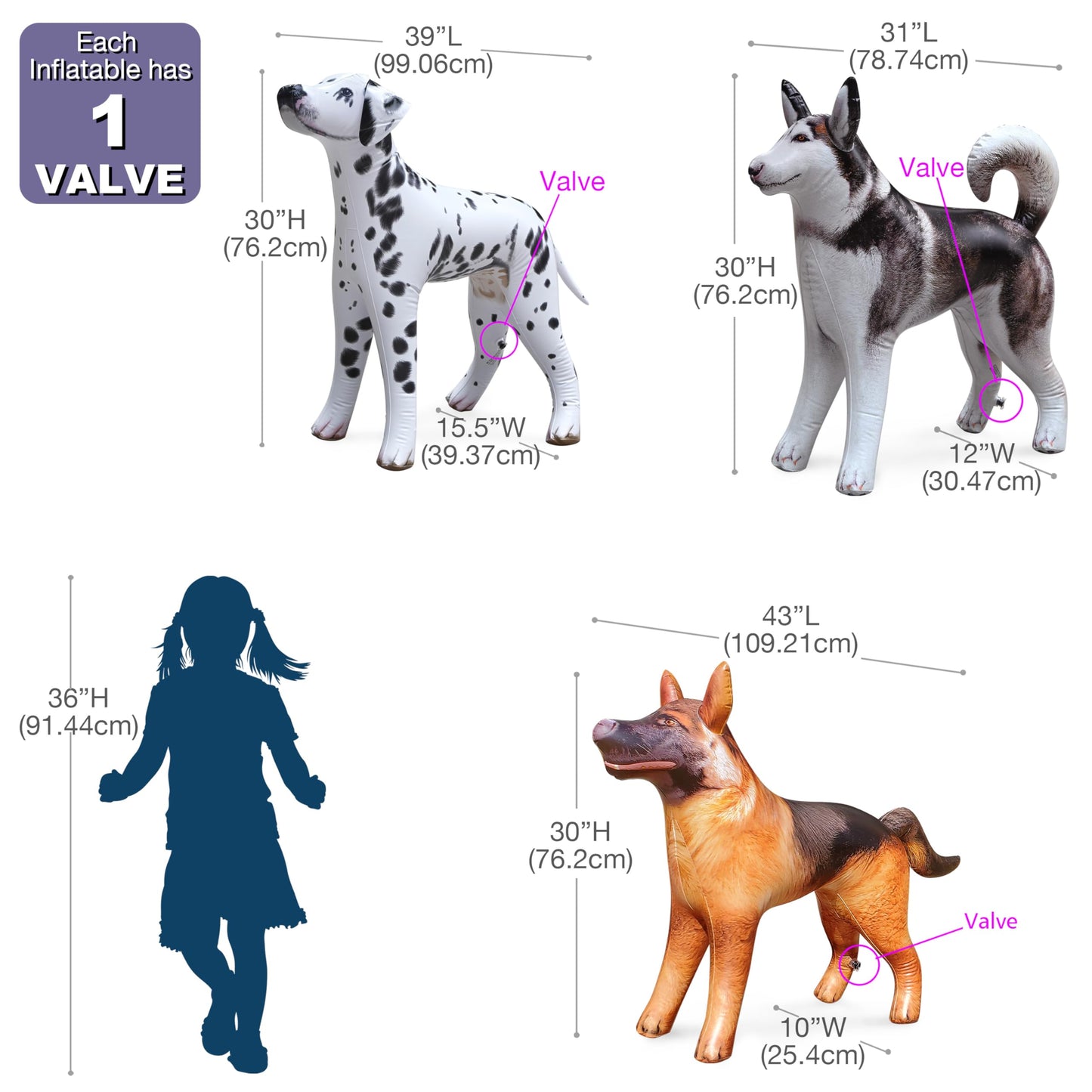 Jet Creations Inflatable Dog 3-Pack - Husky, Dalmatian & Shepherd - 30" Tall - Vinyl Halloween Decorations for Ages 3+