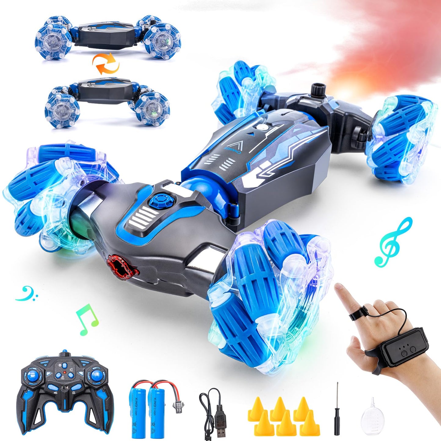 WJWMIRC 4WD Stunt Car, 2.4 GHz Gesture Sensor RC Cars, Double-Sided Vehicle 360 Flip RC Twist Buggy with Music Spray - Best Chri
