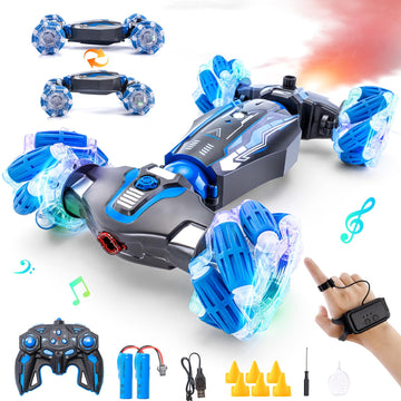 WJWMIRC 4WD Stunt Car, 2.4 GHz Gesture Sensor RC Cars, Double-Sided Vehicle 360 Flip RC Twist Buggy with Music Spray - Best Chri