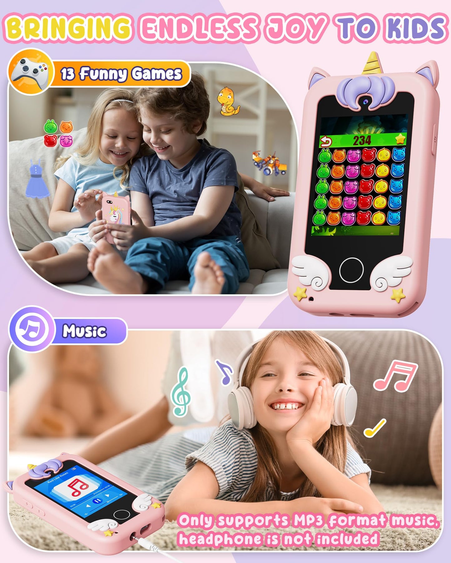 UCIDCI Kids Smart Phone Toys for Girls Ages 3-7 with Dual Camera - Toddler Phone Toys with Learning Games, Travel Toys with MP3