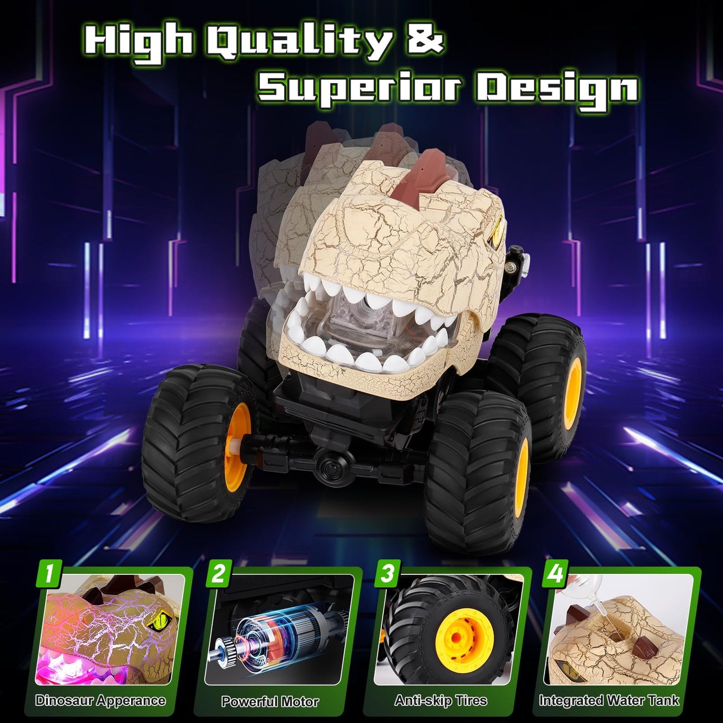 Drefirsa Remote Control Dinosaur Car for Boys Age 4-7 8-12, 50min+ Runtime Monster Truck Toy with Spray, Light, Music, 360 Rotat