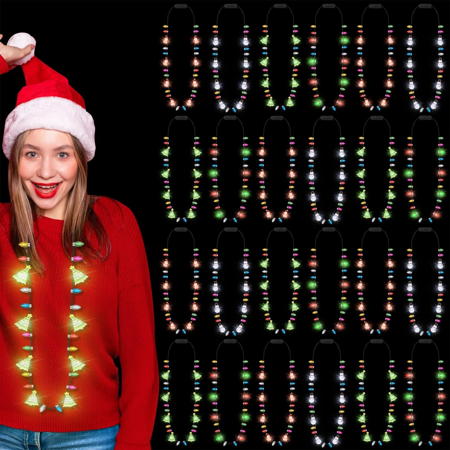 24PCS Christmas Party Supplies, Colorful Light Up Christmas Necklace, Christmas Accessories Santa Claus Bulbs, 3 Modes Christmas