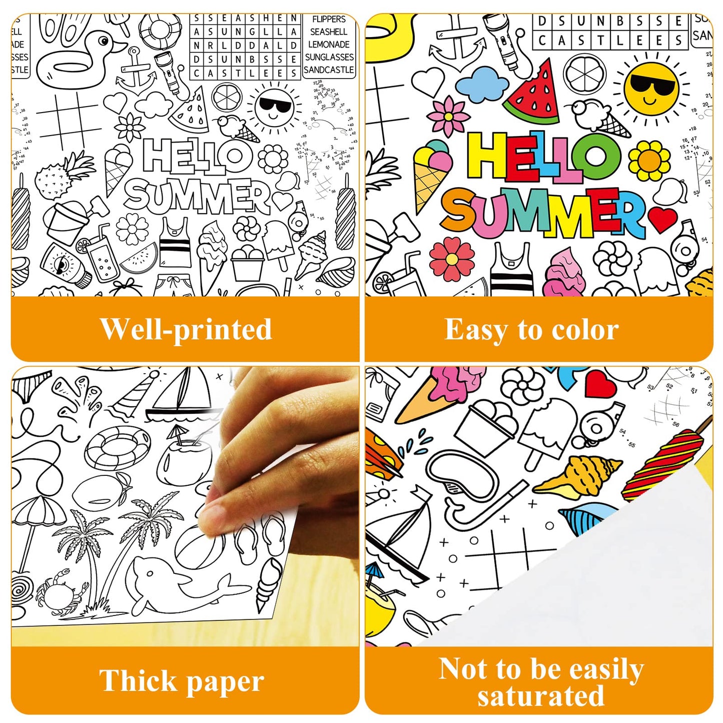 Qyeahkj Giant Summer Coloring Paper Tablecloth For Kids Huge Summer Beach World Posters Activity Large Color-In Poster Table Cov