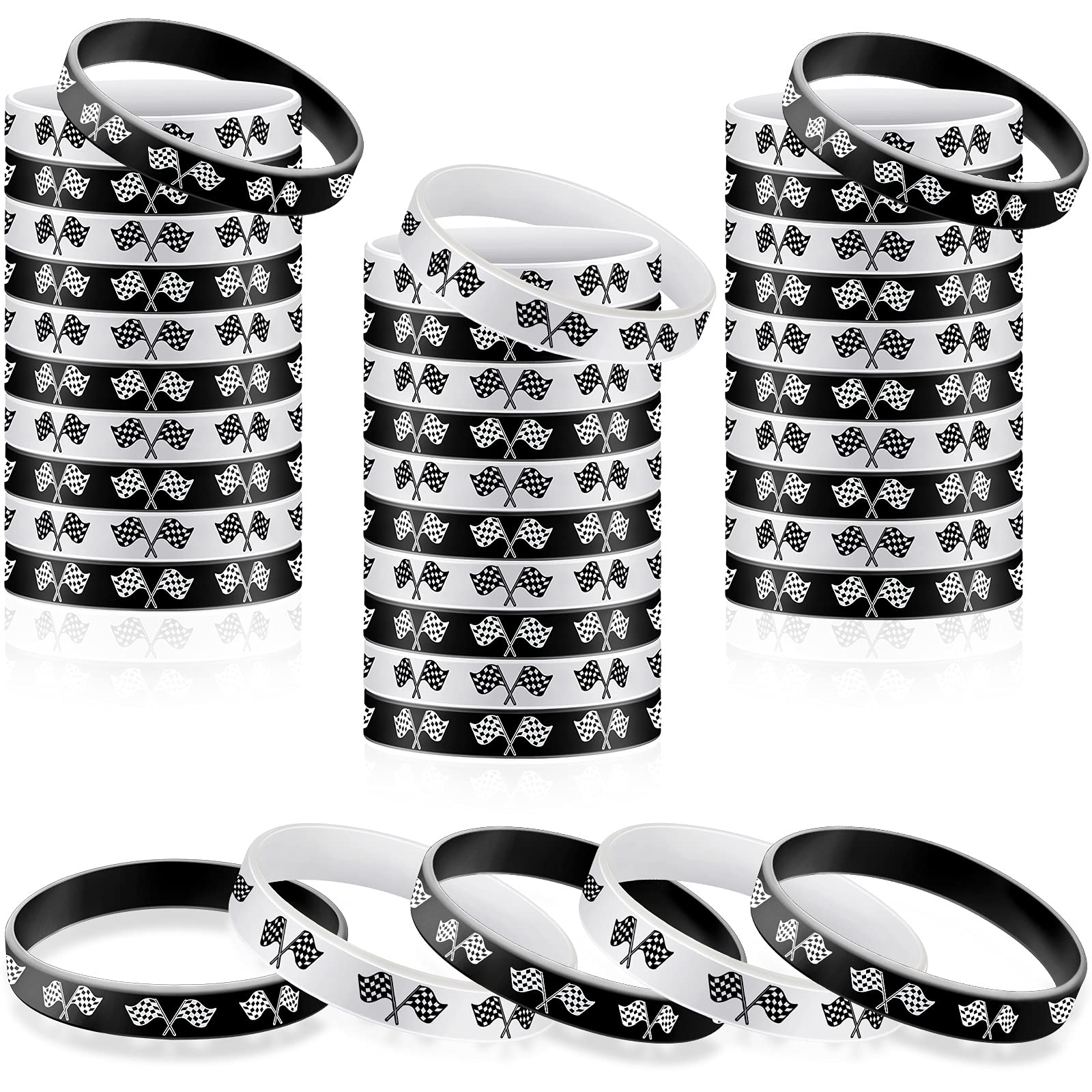 48 Pieces Racing Flag Rubber Bracelets 2.56 Inch Silicone Race Car Silicone Wristbands for Fitness, Racing, Dirt Bike, Basketbal