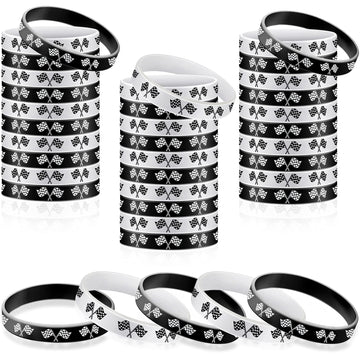 48 Pieces Racing Flag Rubber Bracelets 2.56 Inch Silicone Race Car Silicone Wristbands for Fitness, Racing, Dirt Bike, Basketbal
