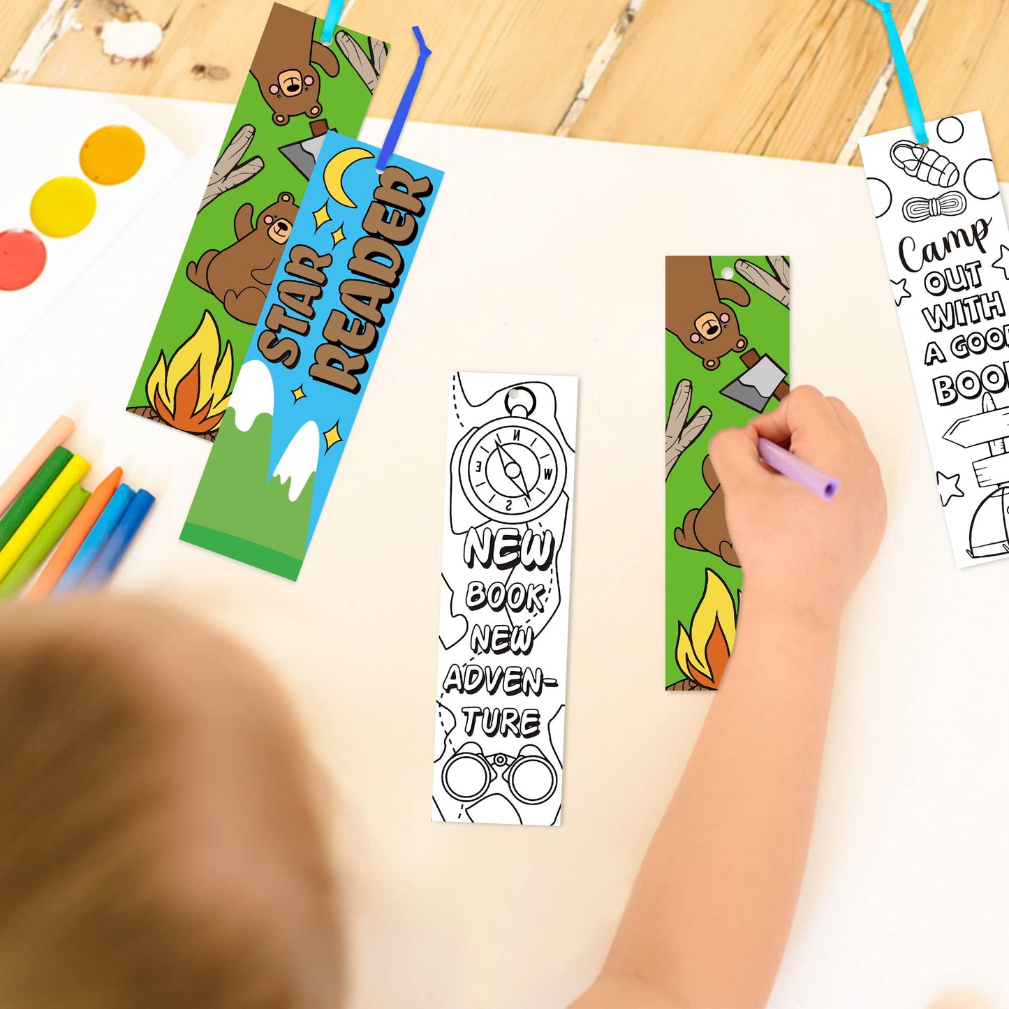 ANGOLIO 75Pcs Camping Color Your Own Bookmarks Kids DIY Coloring Blank Bookmarks Camping Party Game Prize Art Craft Supplies Bir
