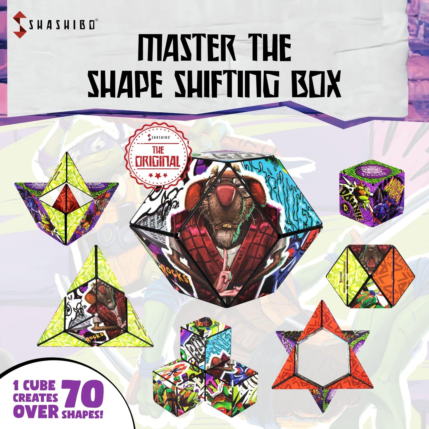 Shashibo Teenage Mutant Ninja Turtles Shape Shifting Box - Award-Winning, Patented Magnetic Puzzle Cube W/36 Rare Earth Magnets -Fidget Cube Transforms Into Over 70 Shapes (Donnie Series 1)
