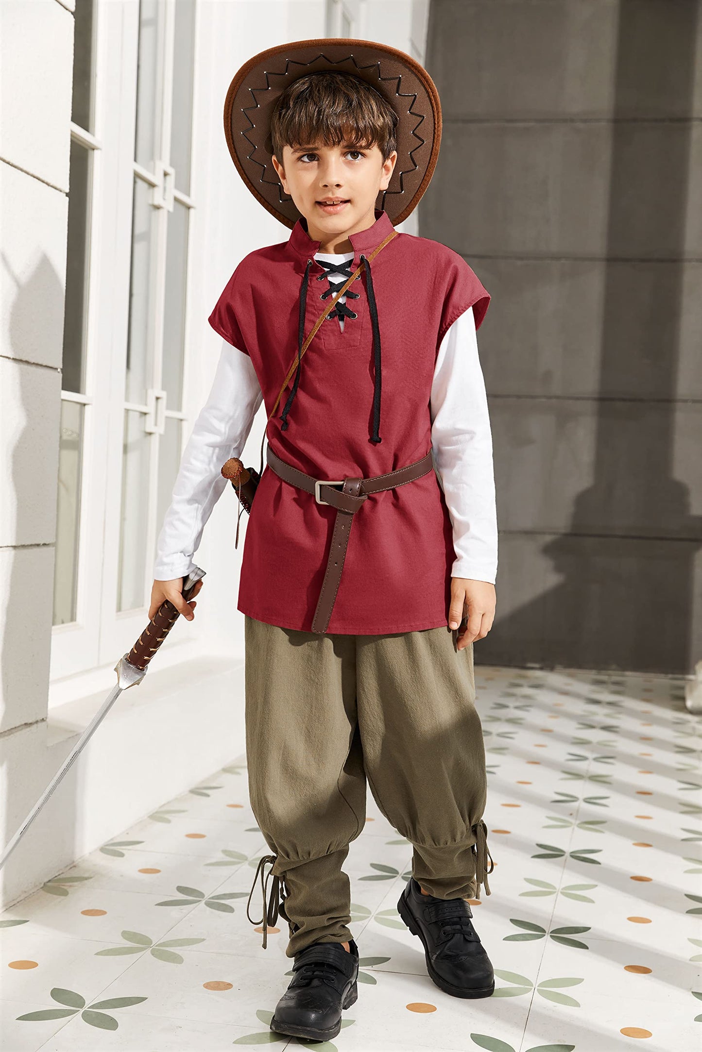 Boys Renaissance Pirate T Shirts Viking Medieval Sleeveless Lace Up Costume Scottish Cotton Tank Tops Red