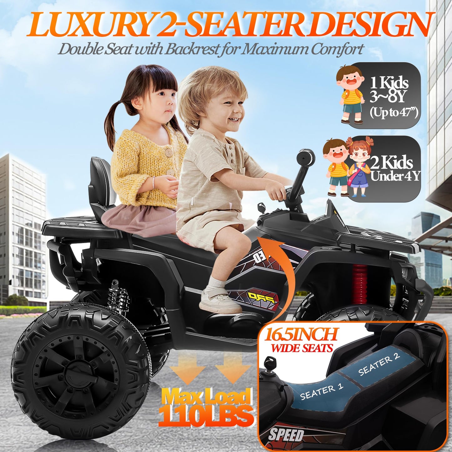 24V Kids Atv 4 Wheeler, Blissride 2 Seater Ride On Toy For Big Kids W/400W Motor, 9Ah Battery Powered, Kneepads, Bluetooth Music