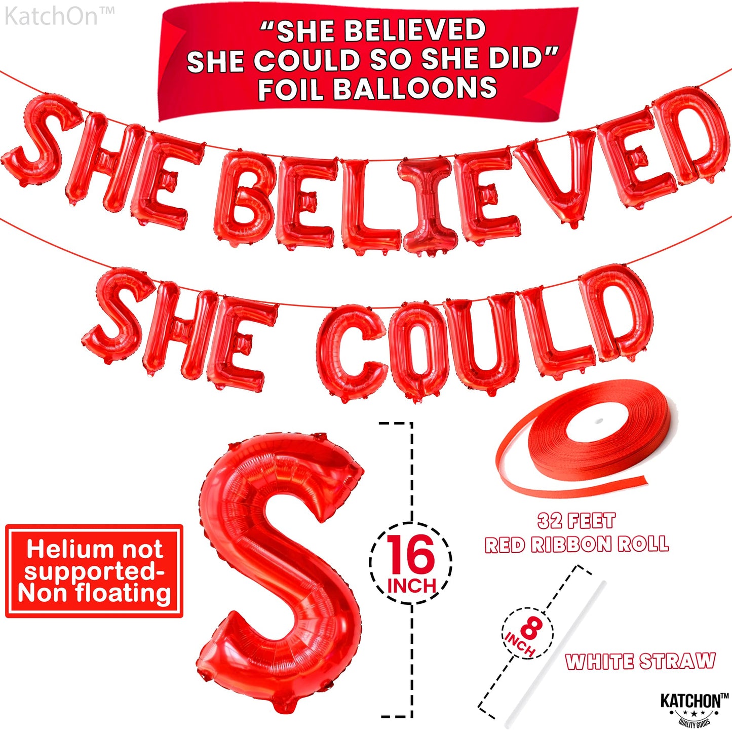 Katchon, Red She Believed She Could So She Did Balloons - 16 Inch | Congrats Balloons For Congratulations Decorations | Graduation Balloons Class Of 2025 For Graduation Decorations Class Of 2025