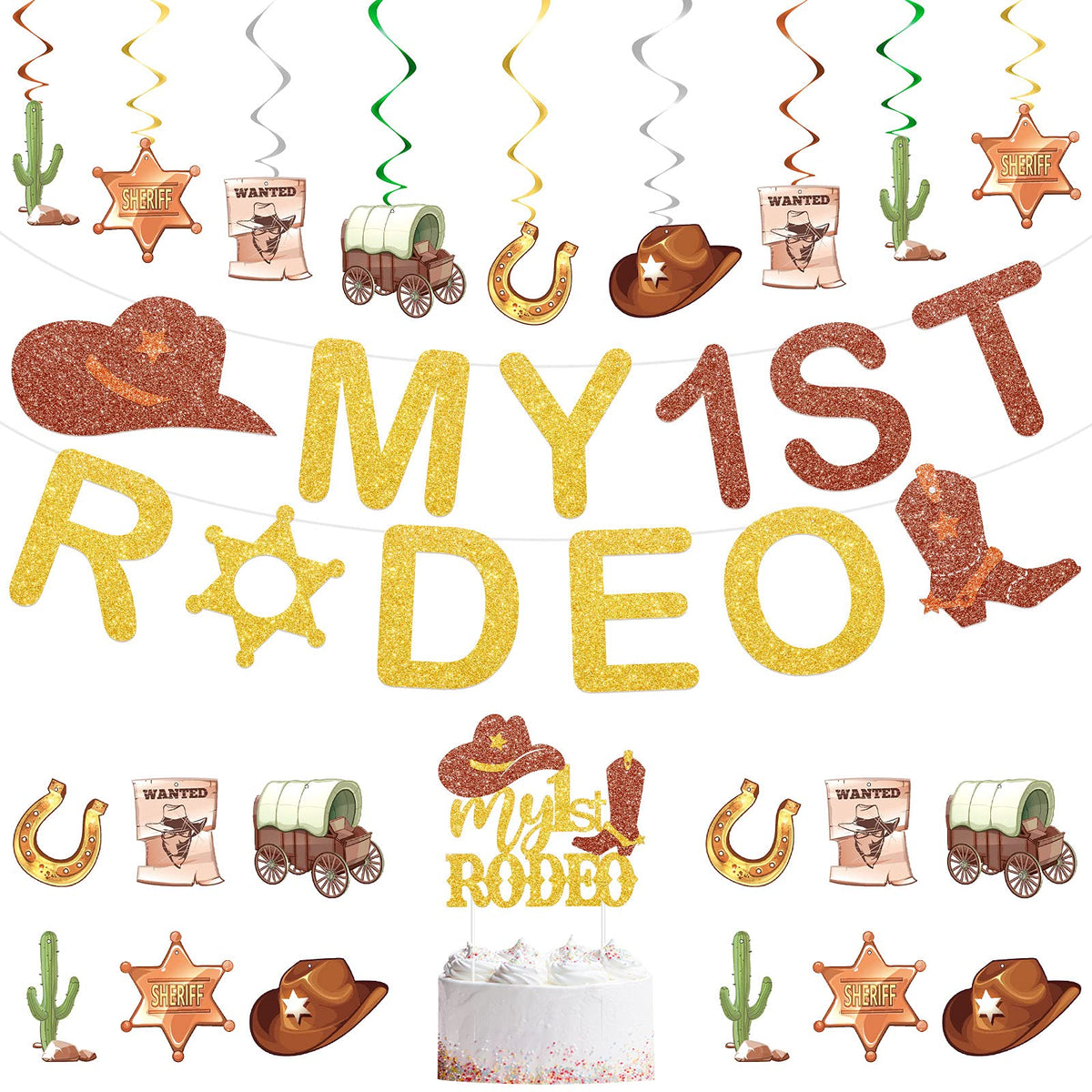 26 Pieces My 1st Rodeo Banner Western Cowboy Hanging Swirls My 1st Rodeo Cake Topper Cowboy Cowgirl First Birthday Party Decorat