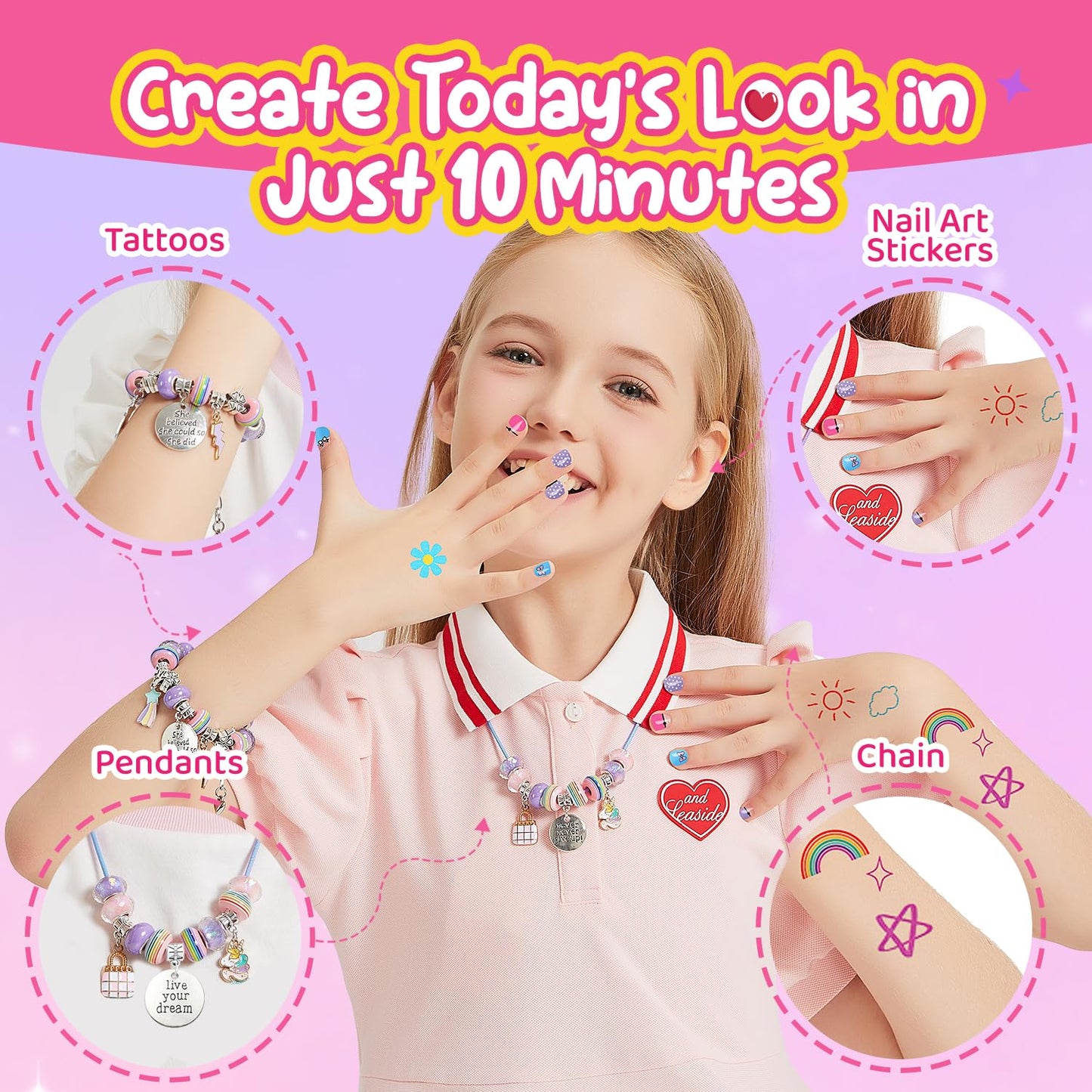 Kids Toys Bracelet Making Kit, Kid Make Up Kits for Kid Age 4-12 Jewelry Beads Toy Set, Preschool Toddler Girls Makeup Charms Se
