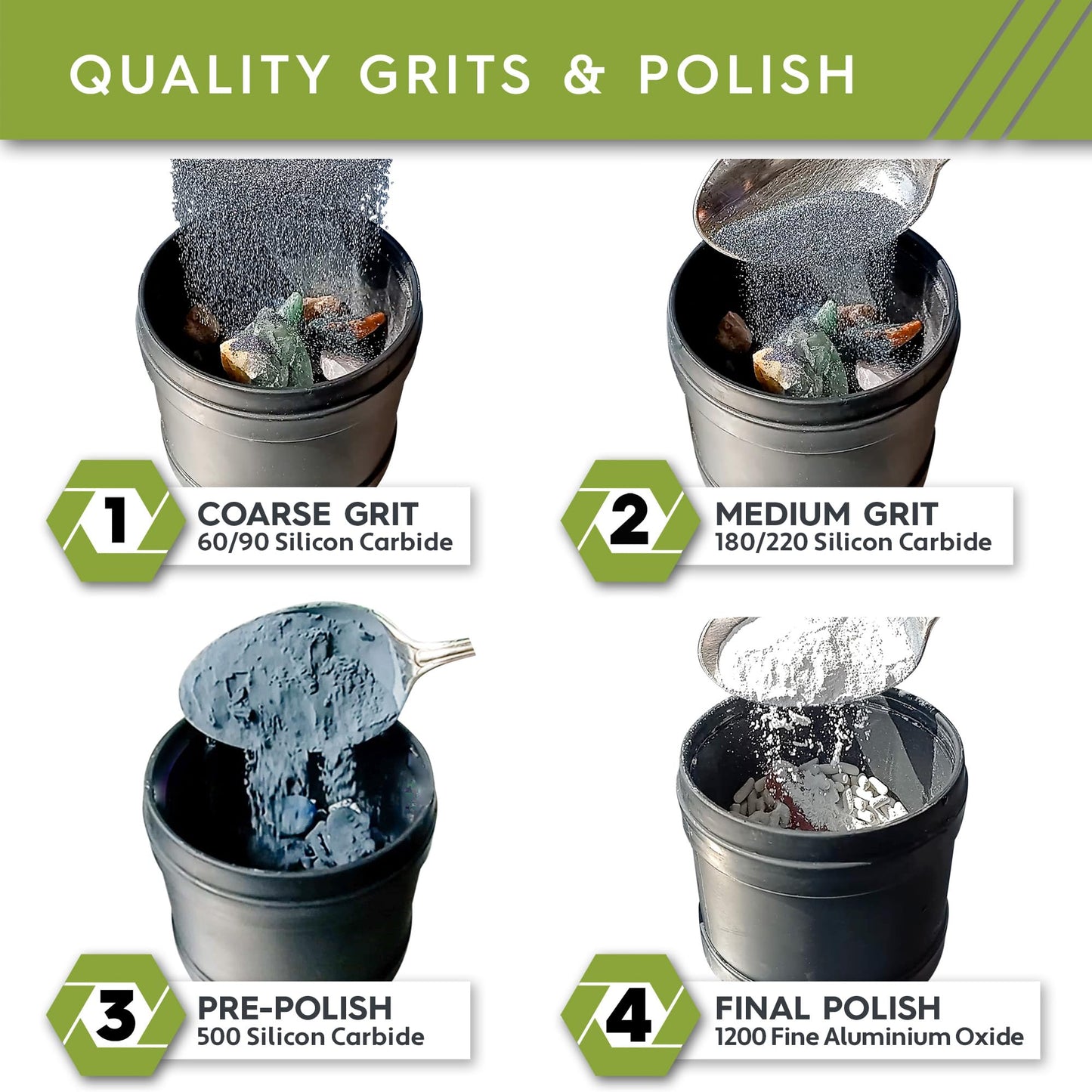 Polly Plastics Rock Tumbler Grit & Polish Refill Kit - 4-Step Supplies for Polishing Stones & Gems, 20 lbs, Full Kit