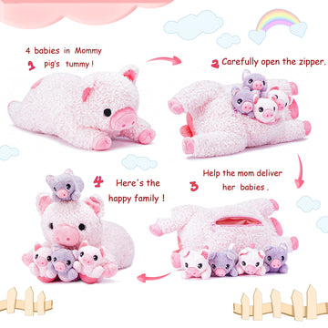 Ikasa Mommy Pig Stuffed Animal Mom And Baby Plush Toy,Cute 16' Soft Small Fluffy Mama Family Set Toys With Little Mini Babies,Gifts For Kid