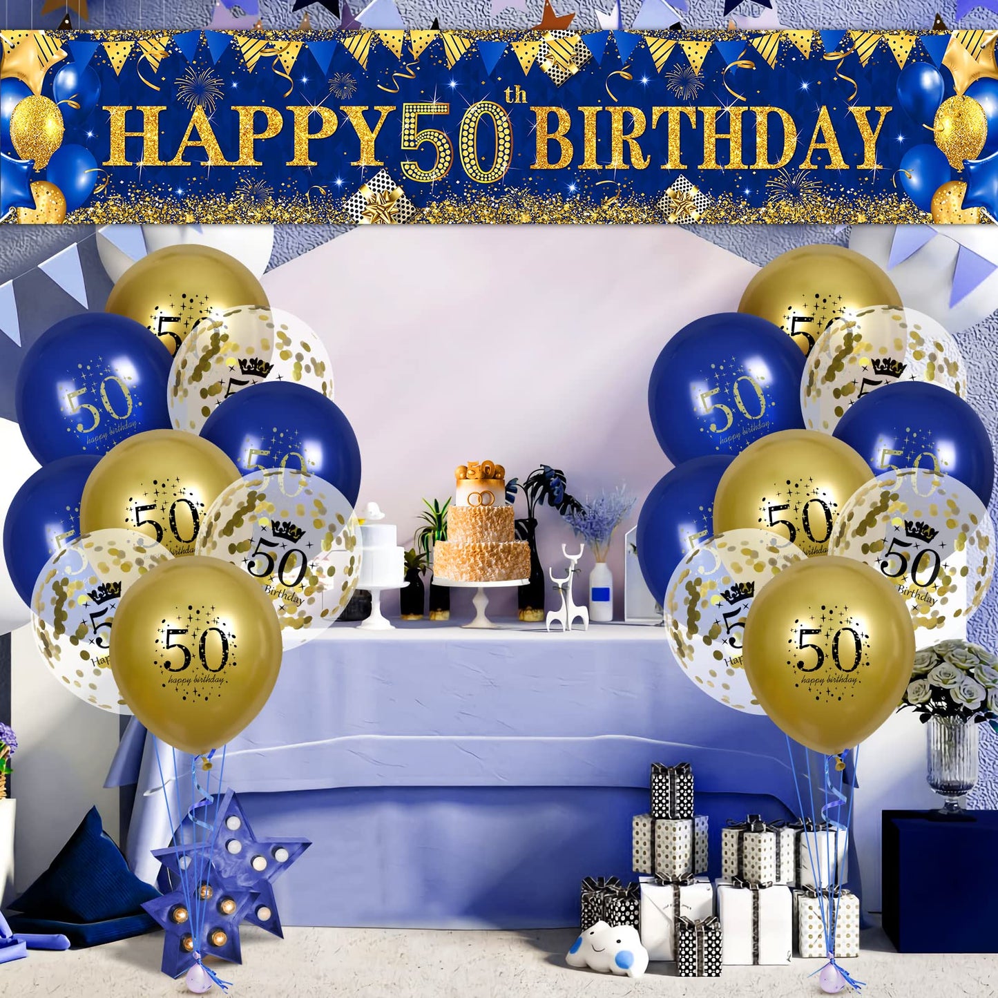 50Th Birthday Decorations For Men Women Blue And Gold,Navy Blue Gold Birthday Yard Banner And 18 Pcs 50Th Happy Birthday Balloons For 50Th Anniversary Birthday Party Supplies Indoor Outdoor Yard Decor