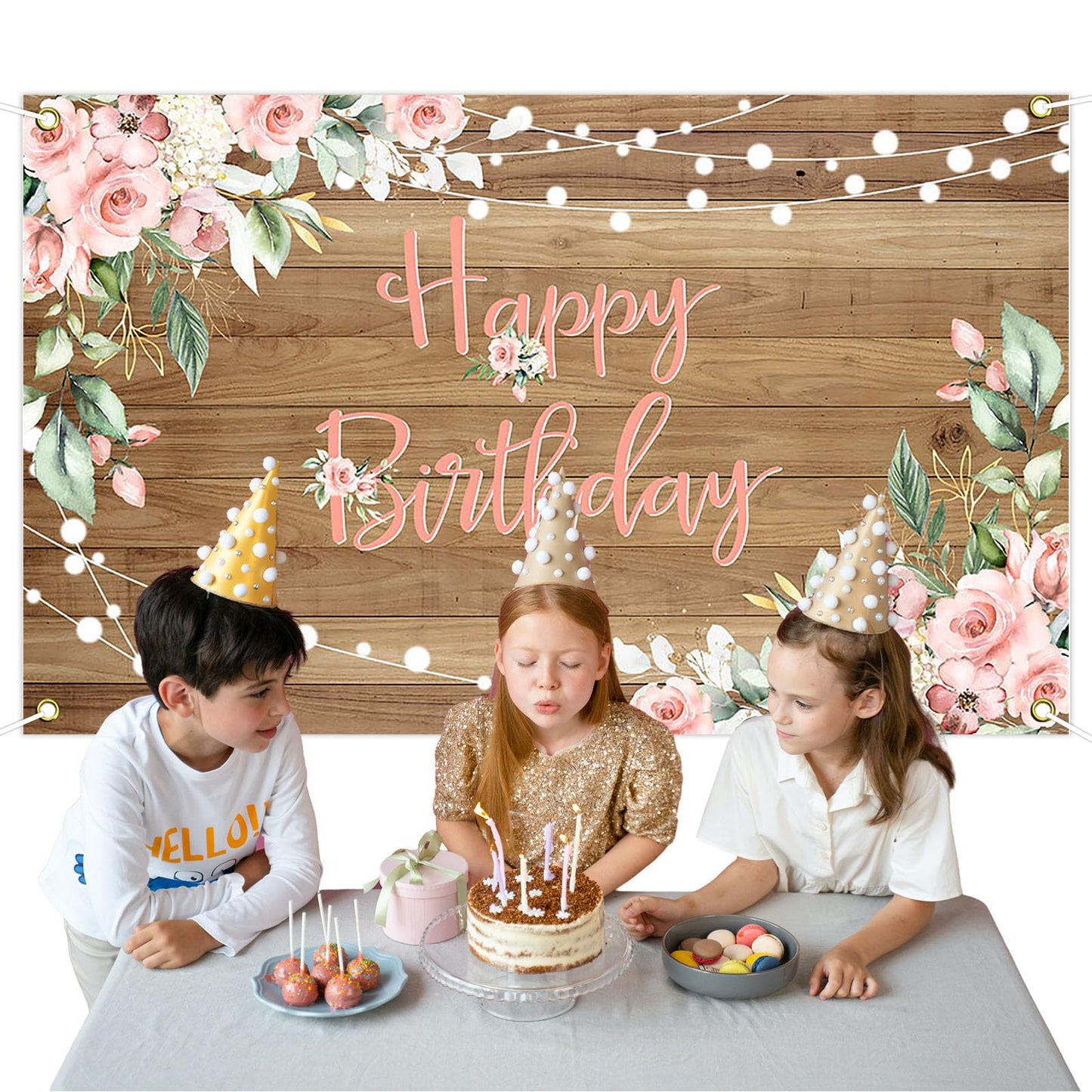 Avezano Rustic Wood Birthday Banner Happy Birthday Party Decorations Pink Floral Girls Women Banner Photo Booth Studio Props 70.